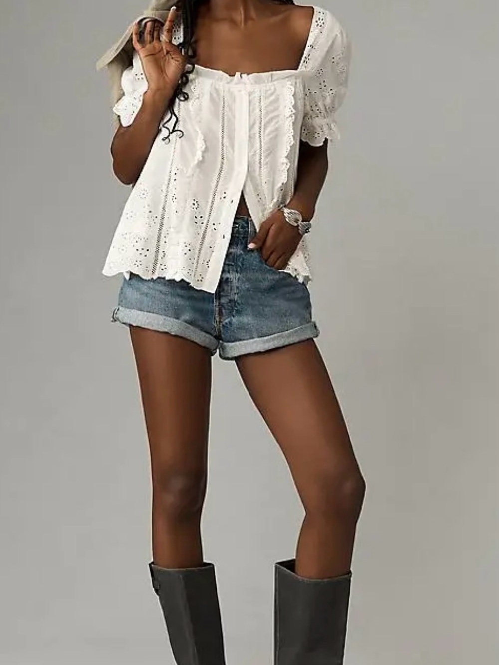 Anthropologie White Eyelet Square-Neck Peasant Blouse